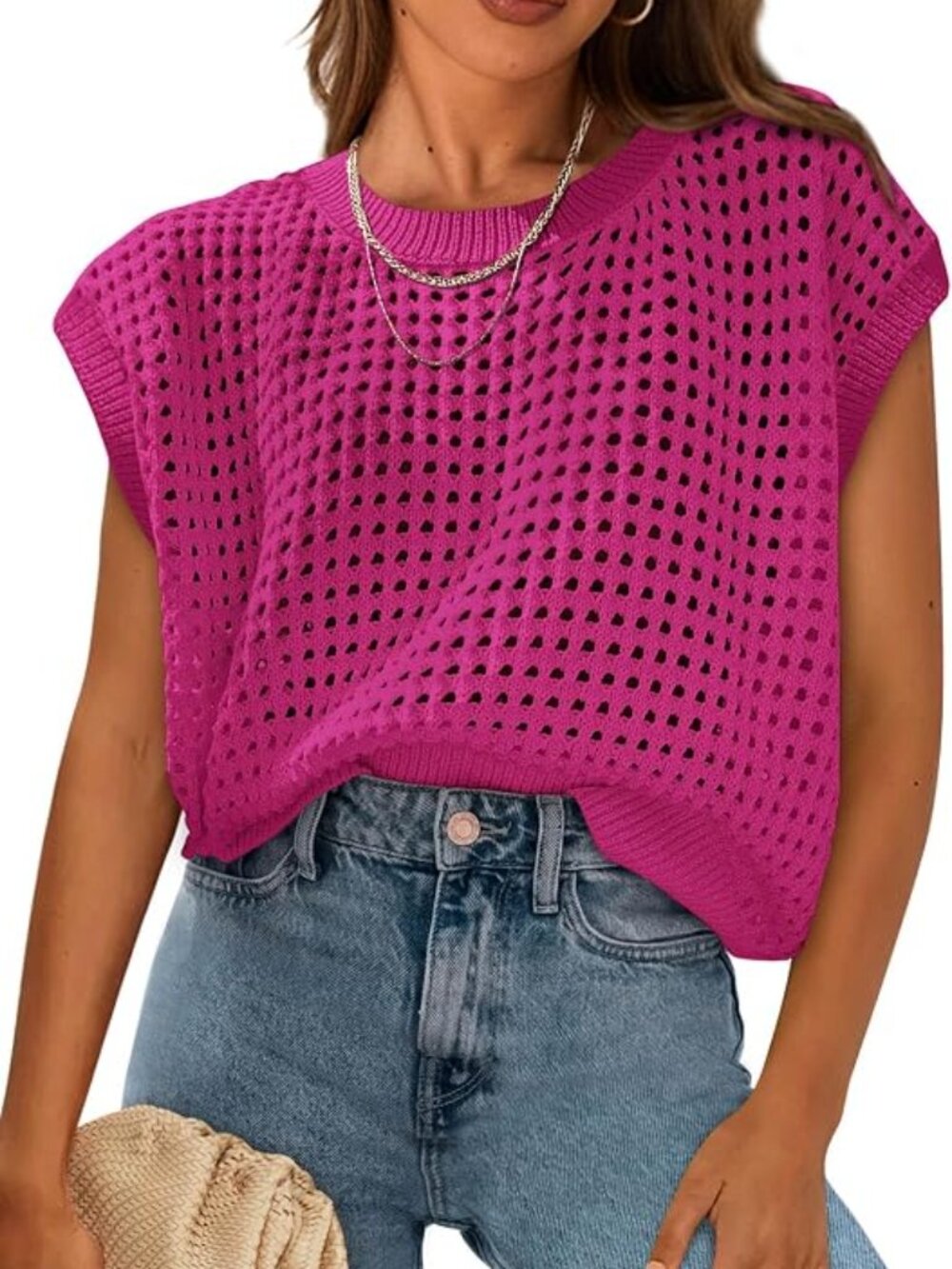 ✨ PRETTYGARDEN Crochet Cap Sleeve Sweater Top Rose Red Small NWT